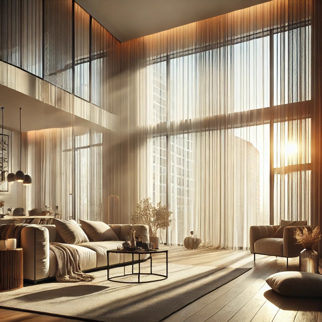 Ceiling to floor Sheer Curtains in an open space living room